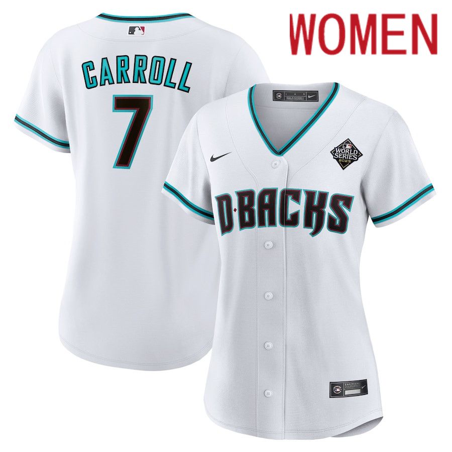 Women Arizona Diamondbacks 7 Corbin Carroll Nike White 2023 World Series Replica Player MLB Jersey